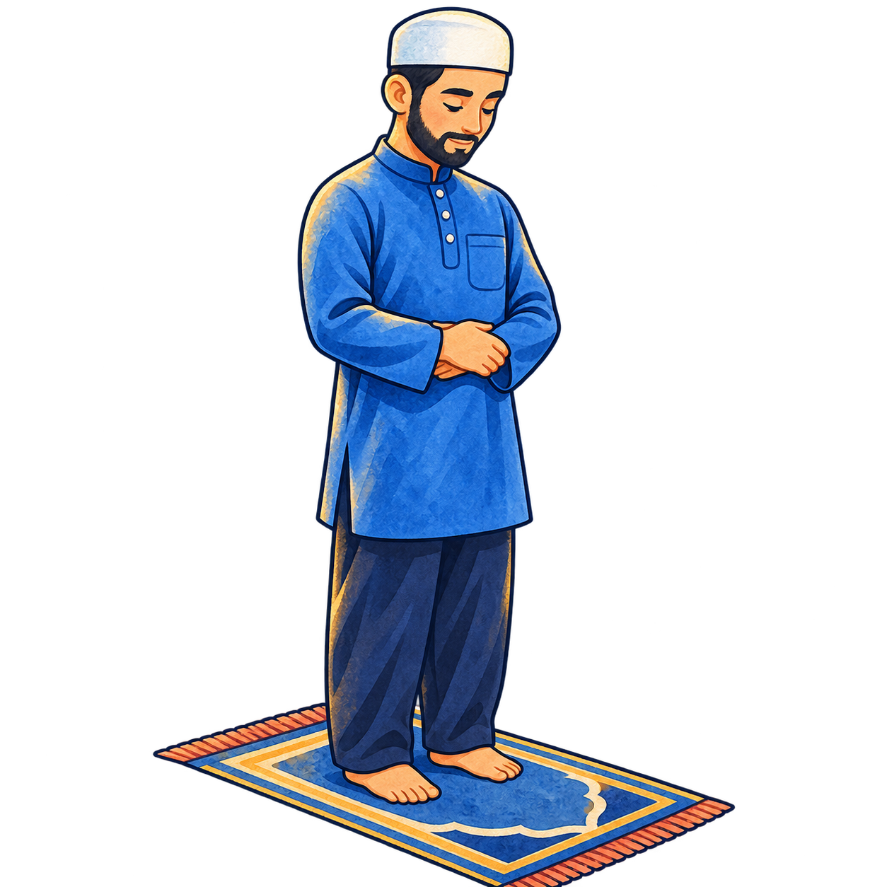 A man standing in prayer on a blue prayer mat